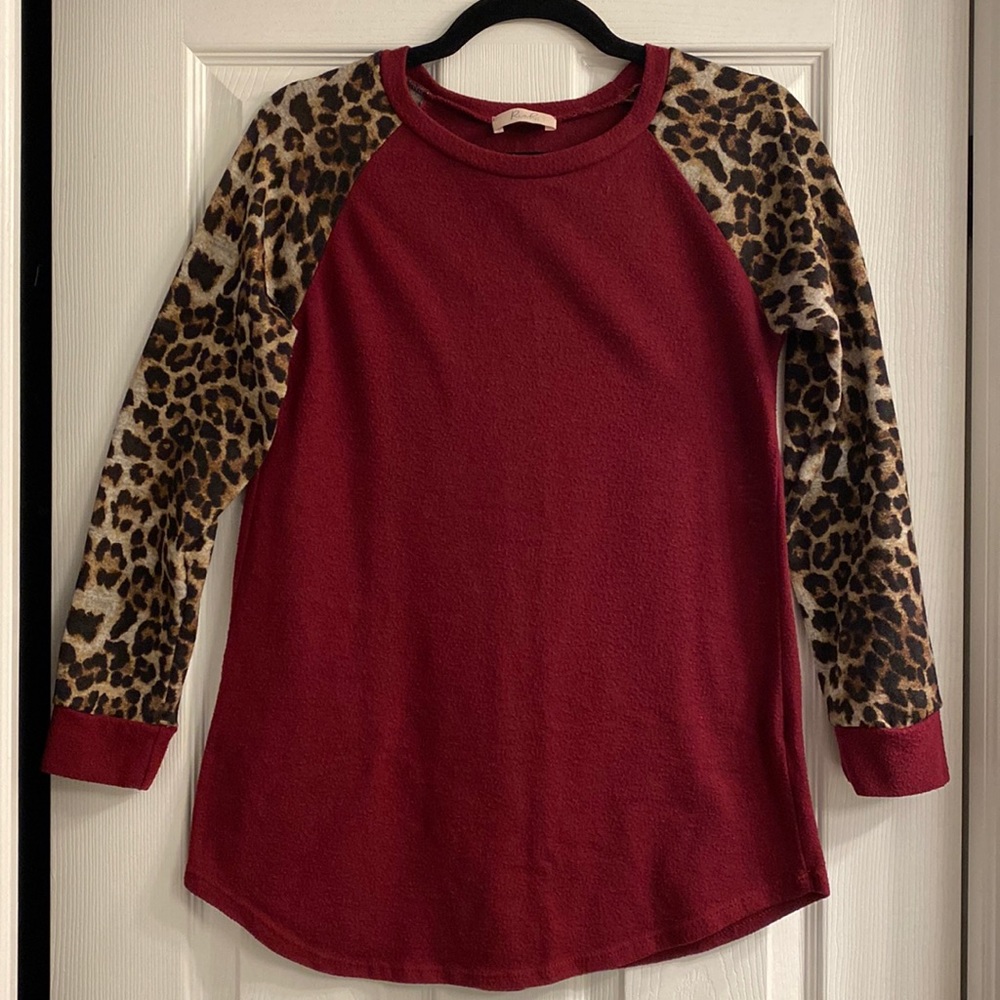 Riah Fashion maroon and cheetah long sleeve shirt